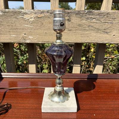 LOT 84: Vintage Amethyst Purple Lamp w/Marble Base, MCM Pick Lamp w/Shade & Vintage Ribbon Art