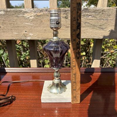LOT 84: Vintage Amethyst Purple Lamp w/Marble Base, MCM Pick Lamp w/Shade & Vintage Ribbon Art