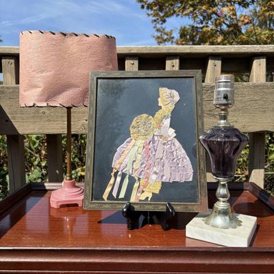 LOT 84: Vintage Amethyst Purple Lamp w/Marble Base, MCM Pick Lamp w/Shade & Vintage Ribbon Art