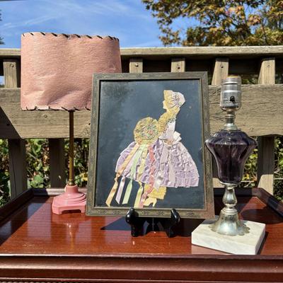 LOT 84: Vintage Amethyst Purple Lamp w/Marble Base, MCM Pick Lamp w/Shade & Vintage Ribbon Art