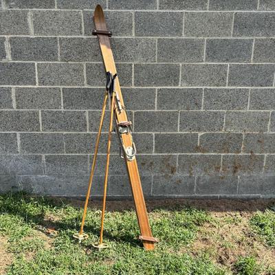 LOT 86: Vintage Wooden Skis w/Dovre Bindings and Bambo Ski Poles