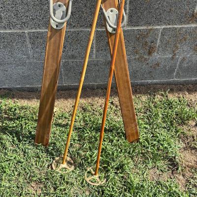 LOT 86: Vintage Wooden Skis w/Dovre Bindings and Bambo Ski Poles