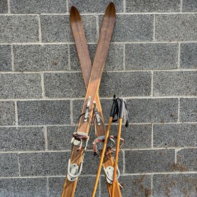 LOT 86: Vintage Wooden Skis w/Dovre Bindings and Bambo Ski Poles