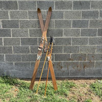 LOT 86: Vintage Wooden Skis w/Dovre Bindings and Bambo Ski Poles