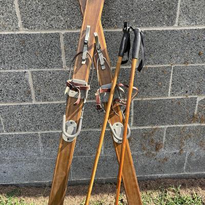 LOT 86: Vintage Wooden Skis w/Dovre Bindings and Bambo Ski Poles
