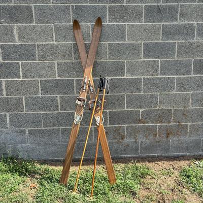 LOT 86: Vintage Wooden Skis w/Dovre Bindings and Bambo Ski Poles