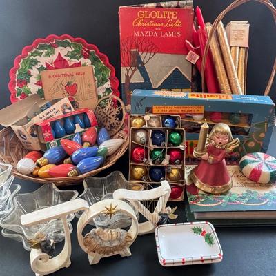 LOT 88: Vintage Christmas & More: Schober's, Germany Angel w/Candle, Vintage Mini Ornaments, Tapers & Glass Star Candle...