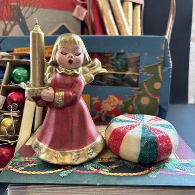 LOT 88: Vintage Christmas & More: Schober's, Germany Angel w/Candle, Vintage Mini Ornaments, Tapers & Glass Star Candle...