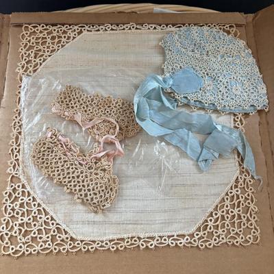 LOT 95: Vintage Tatting: Doily, Baby Hat & Booties, Embroidered Textile, Large Collection of Ladies Handkerchief's & More