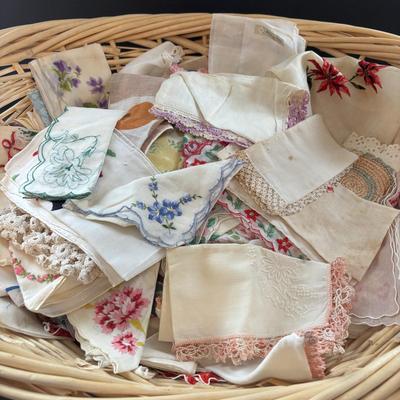 LOT 95: Vintage Tatting: Doily, Baby Hat & Booties, Embroidered Textile, Large Collection of Ladies Handkerchief's & More
