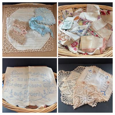 LOT 95: Vintage Tatting: Doily, Baby Hat & Booties, Embroidered Textile, Large Collection of Ladies Handkerchief's & More