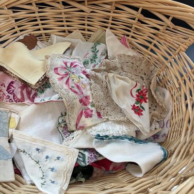LOT 95: Vintage Tatting: Doily, Baby Hat & Booties, Embroidered Textile, Large Collection of Ladies Handkerchief's & More