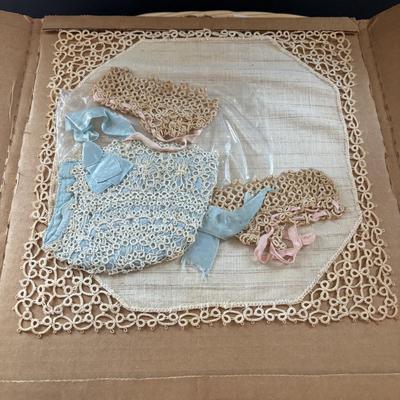 LOT 95: Vintage Tatting: Doily, Baby Hat & Booties, Embroidered Textile, Large Collection of Ladies Handkerchief's & More
