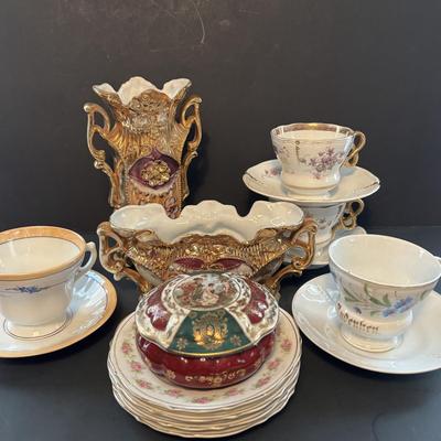 LOT 96: Made in Germany Collection: Oscar Schlegelmilch Porcelain Trinket Box, Carl Thielsch CT Dessert Dishes, Erphila Vases & More