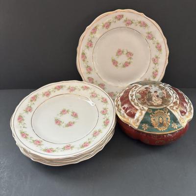 LOT 96: Made in Germany Collection: Oscar Schlegelmilch Porcelain Trinket Box, Carl Thielsch CT Dessert Dishes, Erphila Vases & More