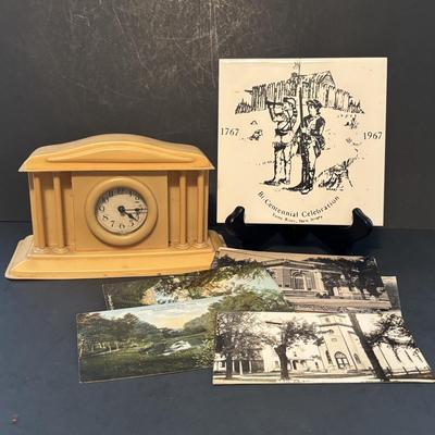 LOT 104: Vintage Local Postcards, Wurttemberg Celluloid Desk Clock, Toms River Bi-Centennial Trivet