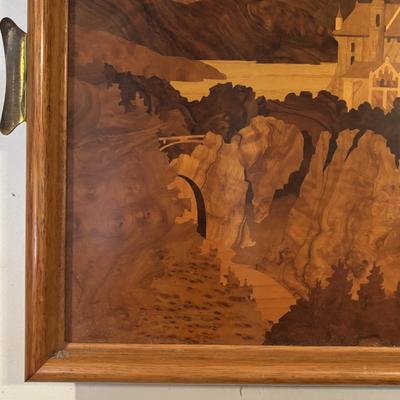 LOT 105: Vintage Wood Marquetry Tray: Neuschwanstein Castle, Germany - Initialed BG
