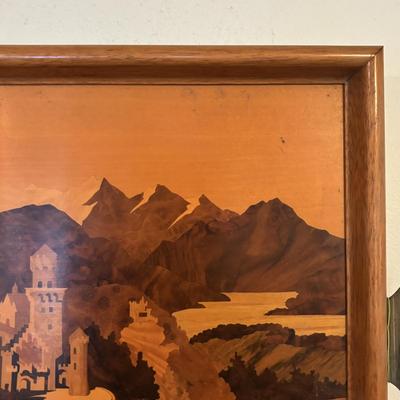 LOT 105: Vintage Wood Marquetry Tray: Neuschwanstein Castle, Germany - Initialed BG