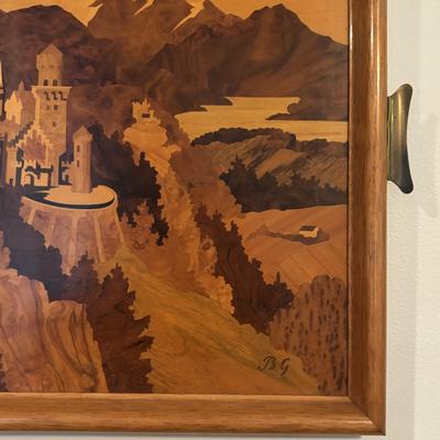 LOT 105: Vintage Wood Marquetry Tray: Neuschwanstein Castle, Germany - Initialed BG