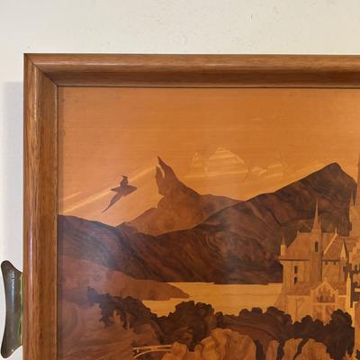 LOT 105: Vintage Wood Marquetry Tray: Neuschwanstein Castle, Germany - Initialed BG