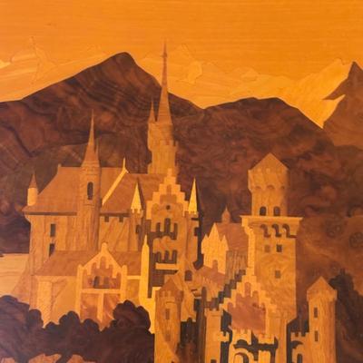 LOT 105: Vintage Wood Marquetry Tray: Neuschwanstein Castle, Germany - Initialed BG