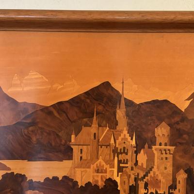 LOT 105: Vintage Wood Marquetry Tray: Neuschwanstein Castle, Germany - Initialed BG
