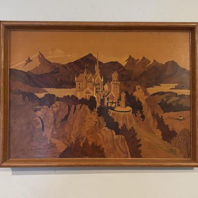 LOT 105: Vintage Wood Marquetry Tray: Neuschwanstein Castle, Germany - Initialed BG