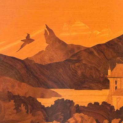 LOT 105: Vintage Wood Marquetry Tray: Neuschwanstein Castle, Germany - Initialed BG
