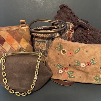 LOT 108: Caribbean Bag Joe, Patchwork Crossbody Bag, Cappelli Straworld Light Brown Suede Purse, Faux Suede Purse, Brown Crochets Bag...
