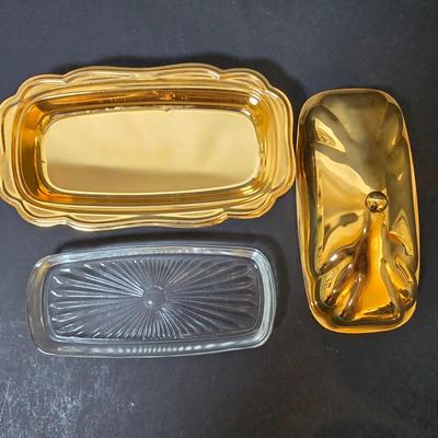 LOT 109: Vintage China Teapot, 24k Gold Plated Leman Butter Dish, Gold Tone Teapot, Sugar Bowl w/Creamer & More