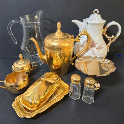 LOT 109: Vintage China Teapot, 24k Gold Plated Leman Butter Dish, Gold Tone Teapot, Sugar Bowl w/Creamer & More