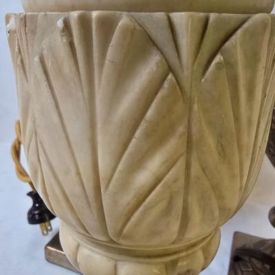 LOT 113: Two 26" Brass Table Lamps and 25" Stone Table Lamp