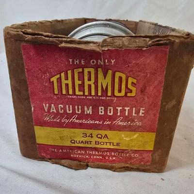 LOT 114: Rubbermaid Cooler, Thermos Picnic Jug, Thermos and UnoVac Vacuum Bottles