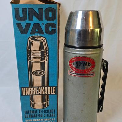 LOT 114: Rubbermaid Cooler, Thermos Picnic Jug, Thermos and UnoVac Vacuum Bottles