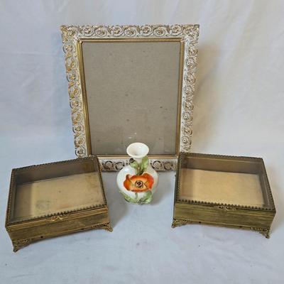 LOT 116: Set of Two Vintage Metal Jewelry Boxes, Capodimonte Bud Vase & More