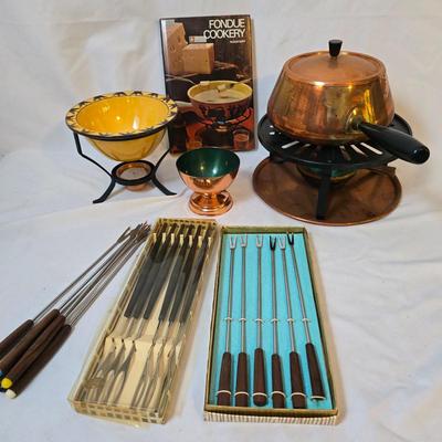 LOT 117: Vintage Copper Fondue Pot w/ Accessories, Cookbook and More