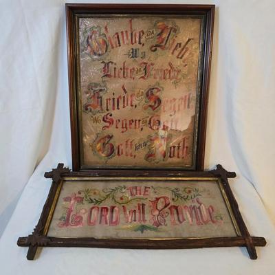 LOT 118: Vintage Framed Embroidery: German Needlework & The Lord Will Provide