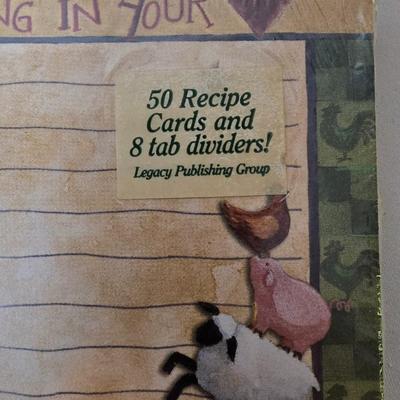 LOT 120: Rooster Themed Recipe Books and Cards with Ceramic Figurines and Wood Recipe Card Box