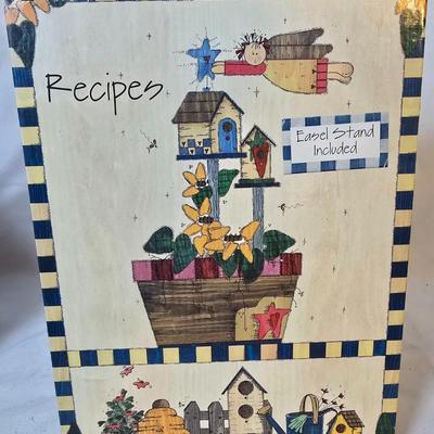 LOT 120: Rooster Themed Recipe Books and Cards with Ceramic Figurines and Wood Recipe Card Box
