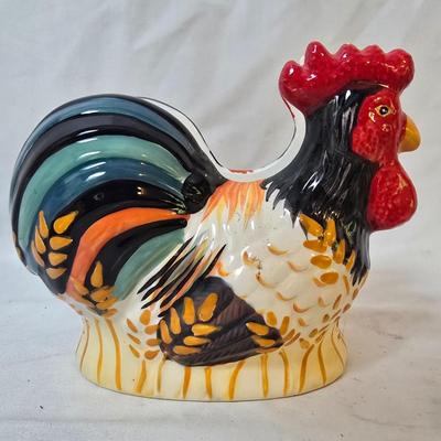 LOT 120: Rooster Themed Recipe Books and Cards with Ceramic Figurines and Wood Recipe Card Box