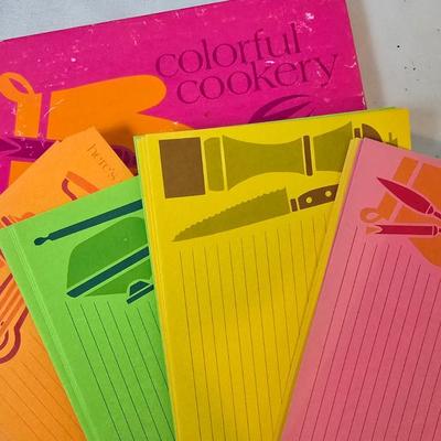 LOT 120: Rooster Themed Recipe Books and Cards with Ceramic Figurines and Wood Recipe Card Box