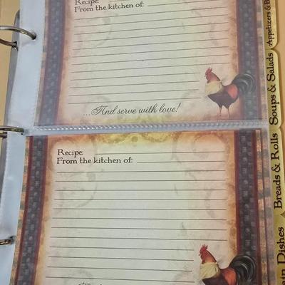 LOT 120: Rooster Themed Recipe Books and Cards with Ceramic Figurines and Wood Recipe Card Box