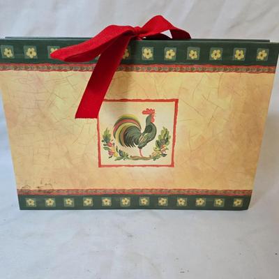 LOT 120: Rooster Themed Recipe Books and Cards with Ceramic Figurines and Wood Recipe Card Box
