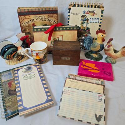 LOT 120: Rooster Themed Recipe Books and Cards with Ceramic Figurines and Wood Recipe Card Box