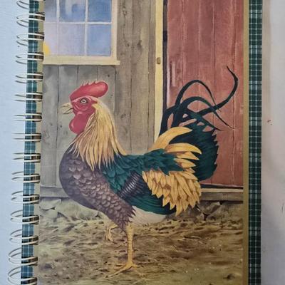 LOT 120: Rooster Themed Recipe Books and Cards with Ceramic Figurines and Wood Recipe Card Box