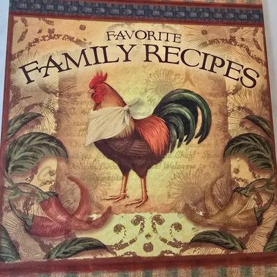 LOT 120: Rooster Themed Recipe Books and Cards with Ceramic Figurines and Wood Recipe Card Box