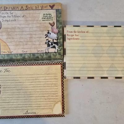 LOT 120: Rooster Themed Recipe Books and Cards with Ceramic Figurines and Wood Recipe Card Box