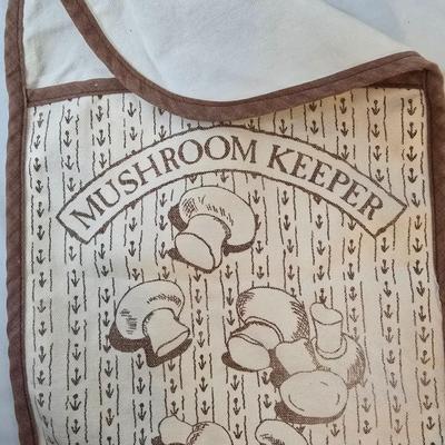 LOT 121: Retro Mushroom Decor with Corning Ware, Pyrex and Milk Glass Mugs, and Aprons