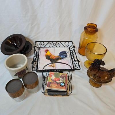LOT 122: Ceramic Dutch Apple Bakers with Vintage Pyrex Jars, Coasters, Baskets and More