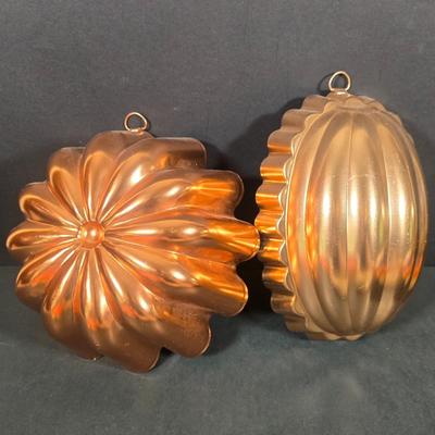 LOT 123: Copper Bundt Pans with Vintage Kitchen Gadgets and Cookie Cutters, Betty Crocker Points, Aprons, Tea Towels and Napkins